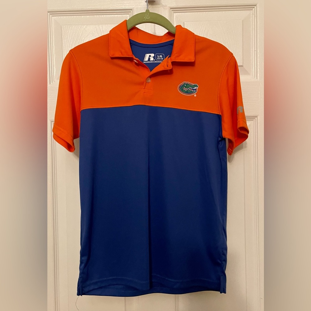 Florida Gators NCAA Russell Athletic Orange Blue Polo Shirt Boys size L (10-12)